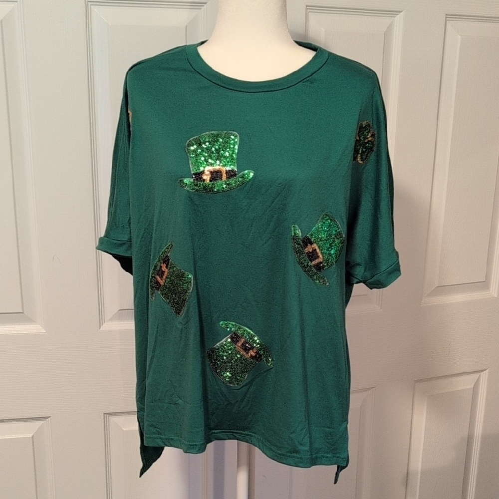 Women's Green Sequin And Sparkle St Patrick's Day Leprechaun Shirt